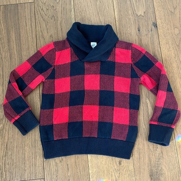 Boys Gap Knit Sweater 5T Navy Blue and Red Buffalo check plaid shawl collar - Picture 1 of 7